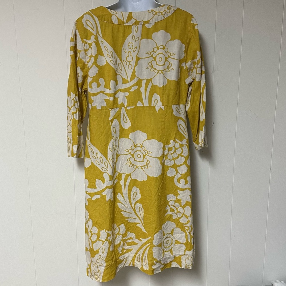 Boden 10 Long mustard yellow floral linen 3/4 sleeve dress - Picture 2 of 8
